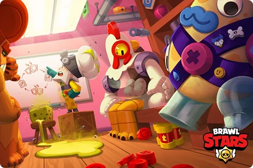 Animowane postacie z Brawl Stars w chaotycznej scenie akcji z jaskrawymi kolorami, bronią i dynamicznymi elementami rozgrywki.