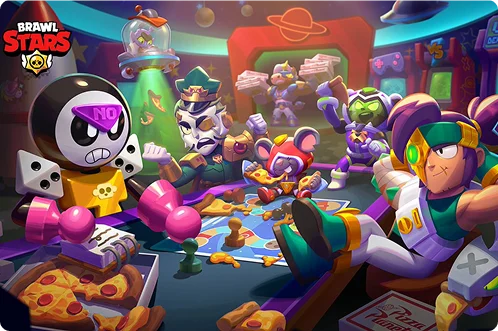 Kolorowa scena walki z Brawl Stars, gdzie kilka postaci rywalizuje w żywej arenie wewnętrznej pełnej gadżetów i efektów specjalnych.