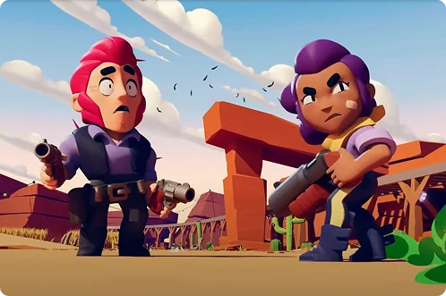 Dwie postacie z Brawl Stars stoją w otoczeniu o tematyce Dzikiego Zachodu, gotowe do walki w stylizowanej strzelance wieloosobowej.