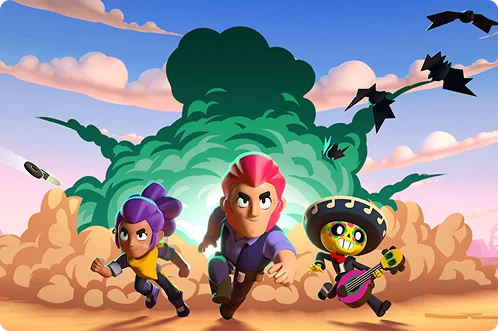 Postacie z Brawl Stars biegną przez pustynny krajobraz z kaktusami i jasnym niebem, ukazując dynamiczną rozgrywkę tej mobilnej gry.