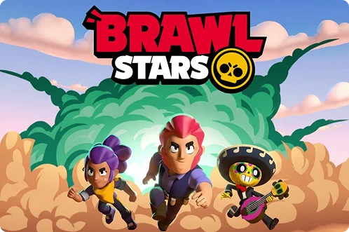 Postacie z Brawl Stars biegną przez pustynny krajobraz z kaktusami i jasnym niebem, ukazując dynamiczną rozgrywkę tej mobilnej gry.